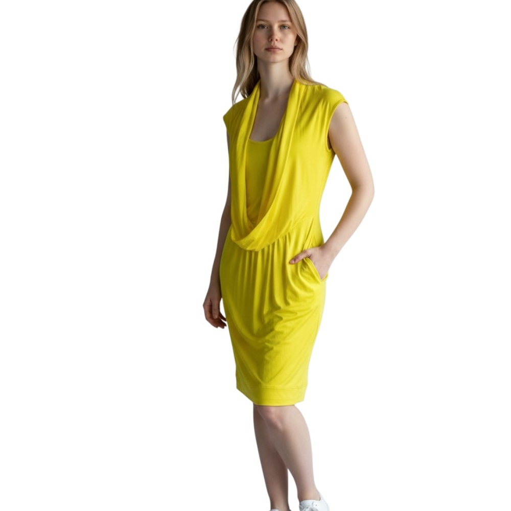 NWT Bebe Drape Front Jersey Dress in Bright Yellow Size Small Cowl Neck